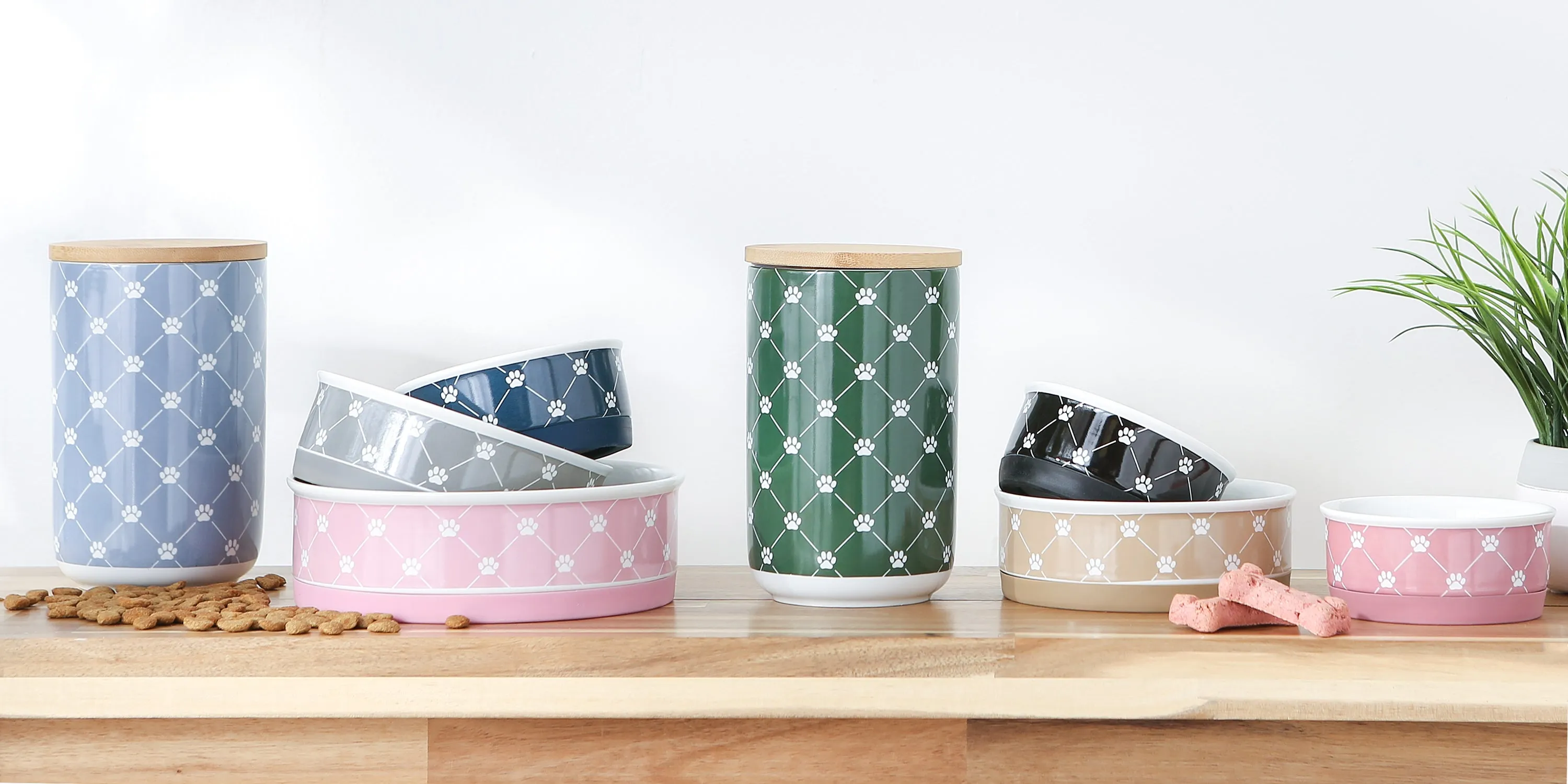 Navy Trellis Paw Print Pet Bowl Set/2, Small - 3/4 C Capacity