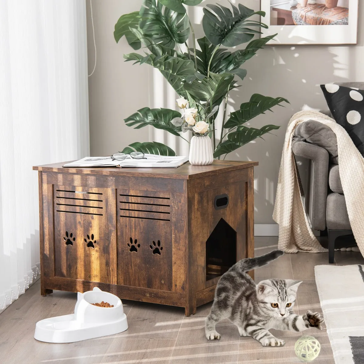 NNECW Cat Litter Box Enclosure with Top Opening & Side Entrance