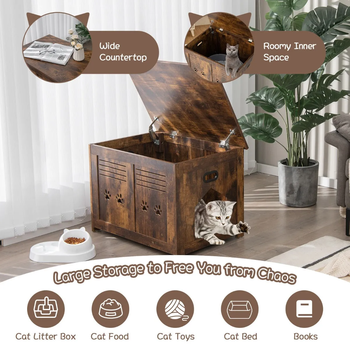 NNECW Cat Litter Box Enclosure with Top Opening & Side Entrance