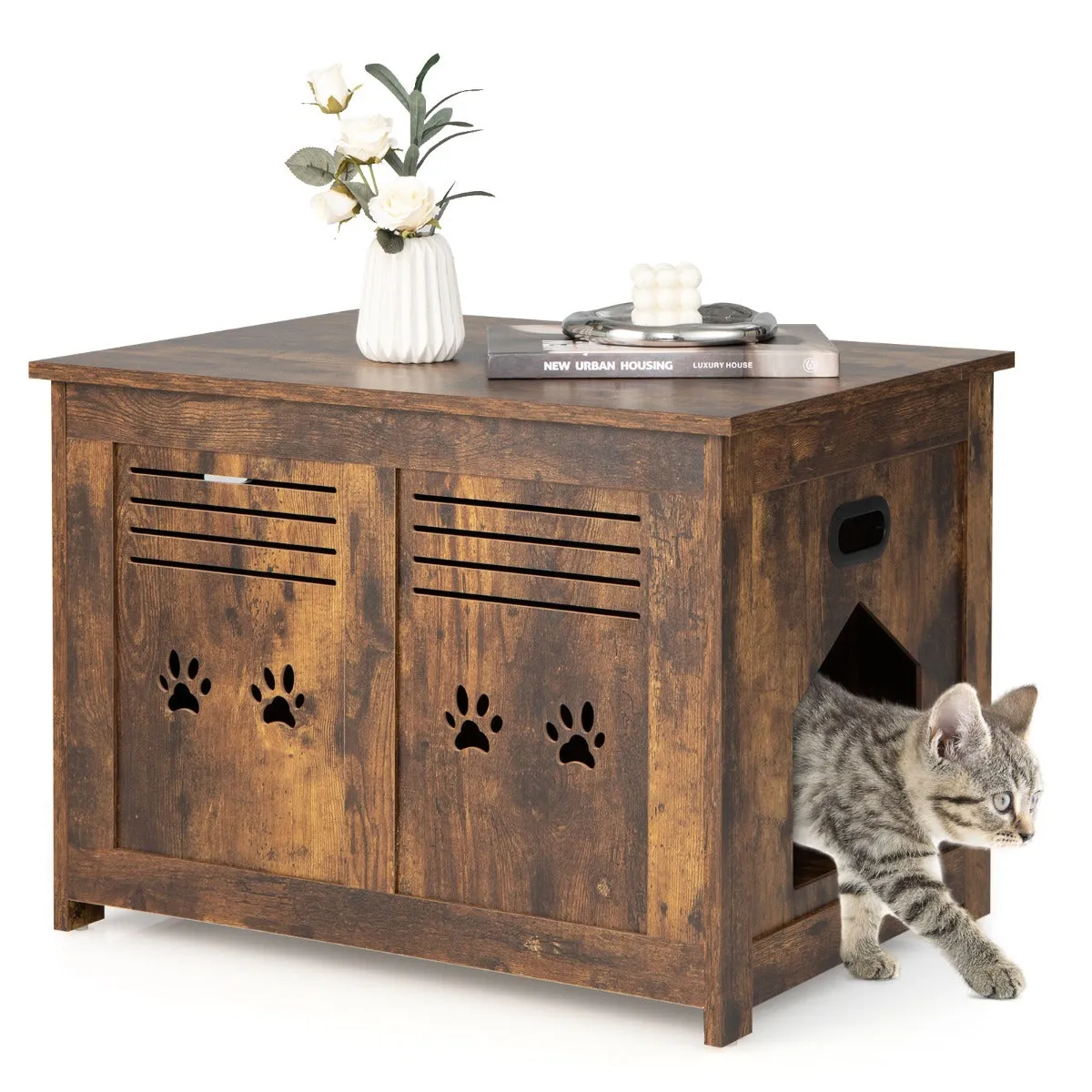 NNECW Cat Litter Box Enclosure with Top Opening & Side Entrance