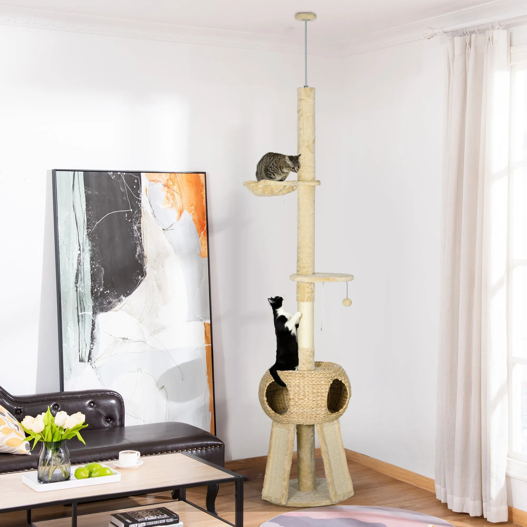 PawHut 255cm Cat Tree Tower w/ Scratching Post, Cat House, Ball, Platform, Beige