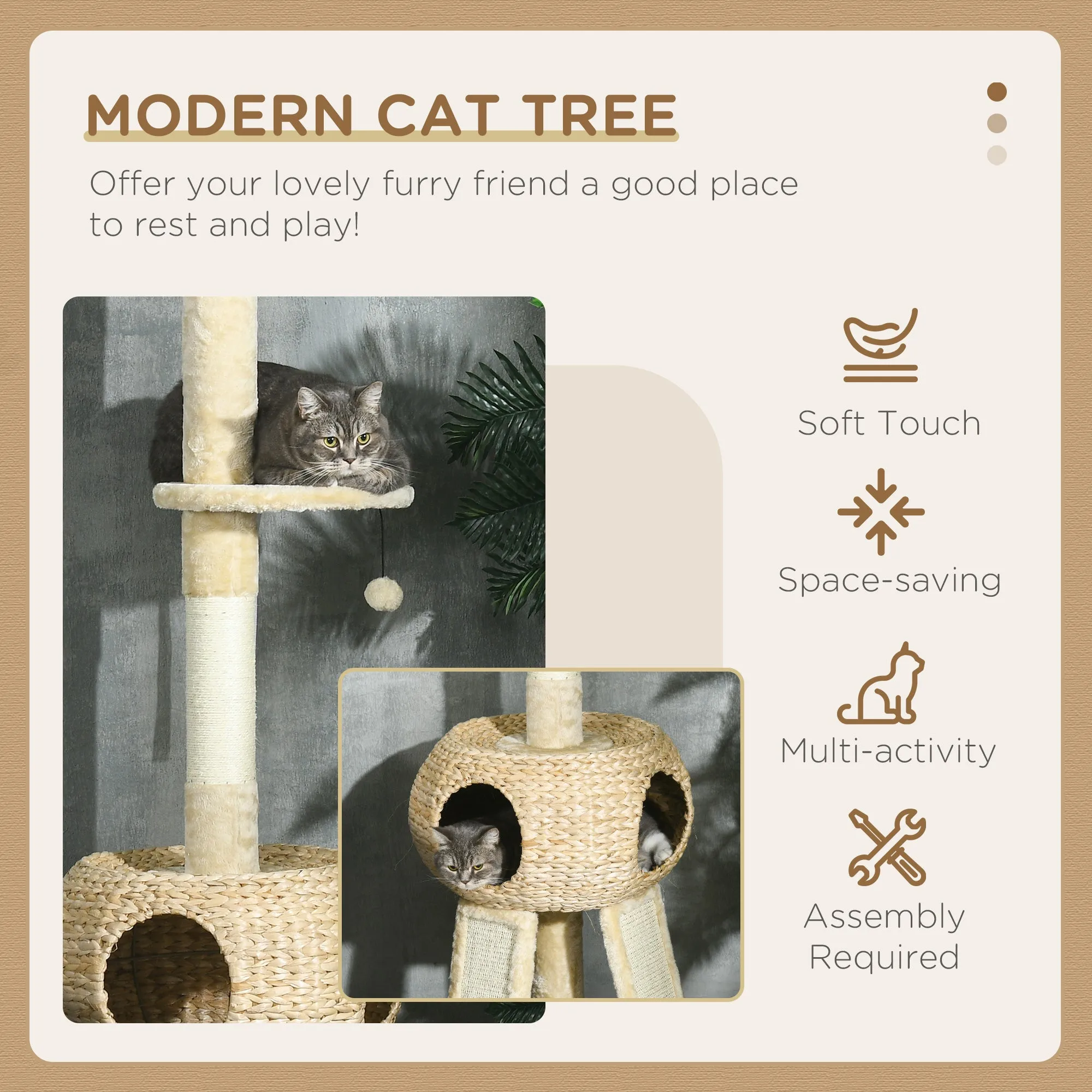 PawHut 255cm Cat Tree Tower w/ Scratching Post, Cat House, Ball, Platform, Beige