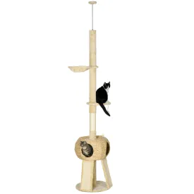 PawHut 255cm Cat Tree Tower w/ Scratching Post, Cat House, Ball, Platform, Beige