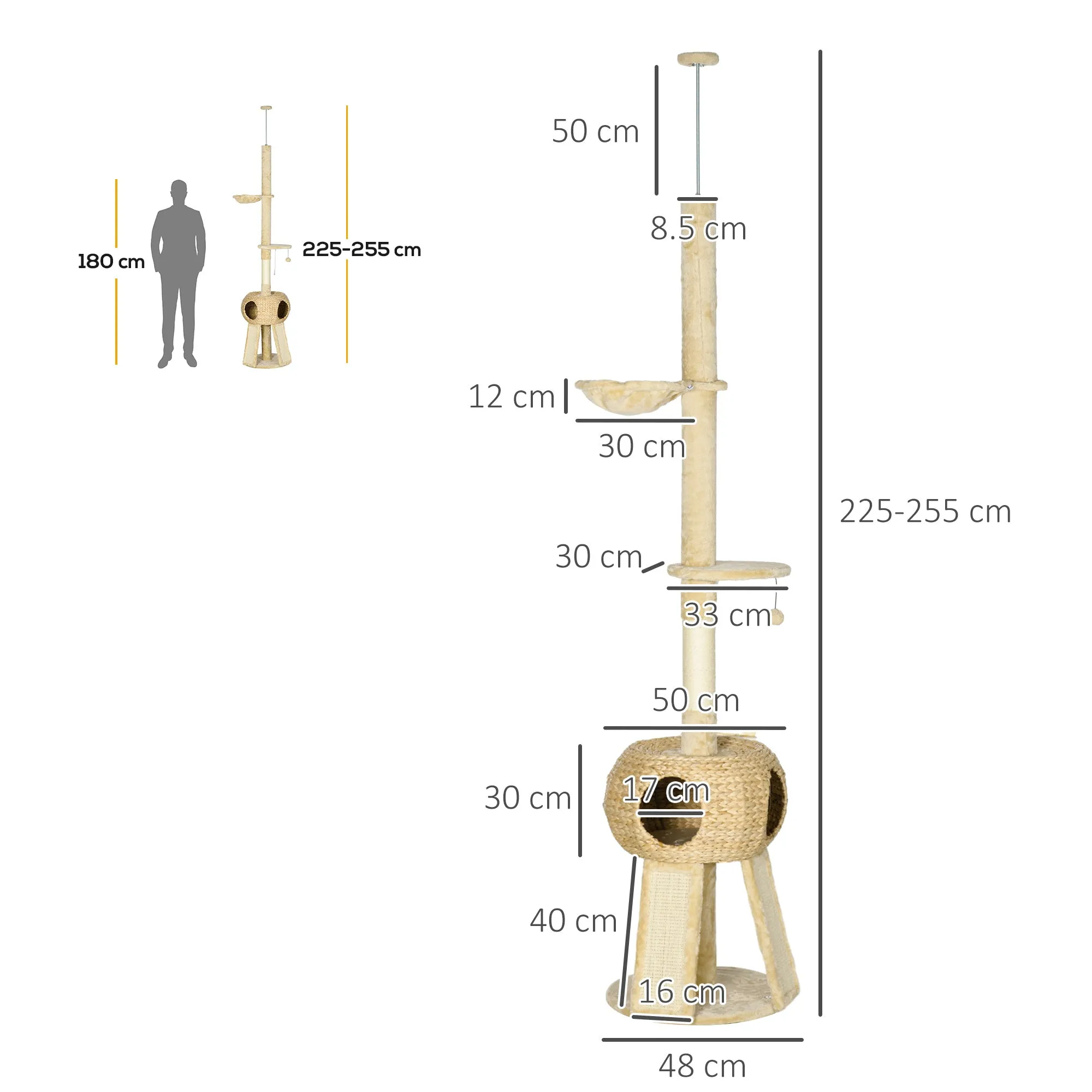 PawHut 255cm Cat Tree Tower w/ Scratching Post, Cat House, Ball, Platform, Beige