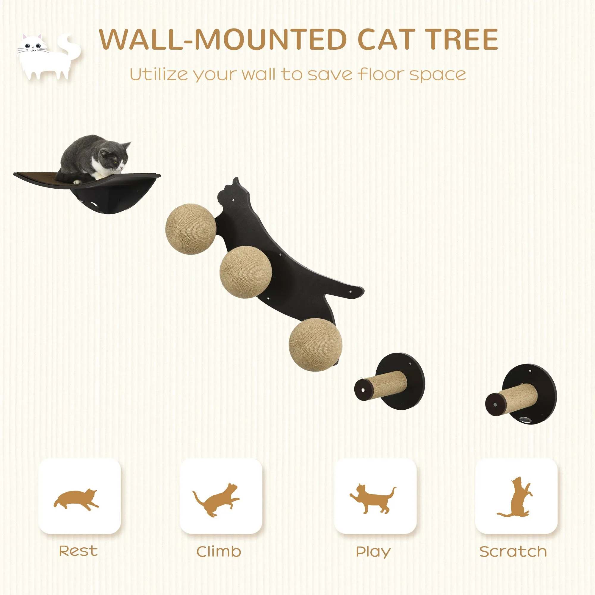 PawHut Cat Wall Furniture w/ Curved Platforms, Scratching Posts - Brown