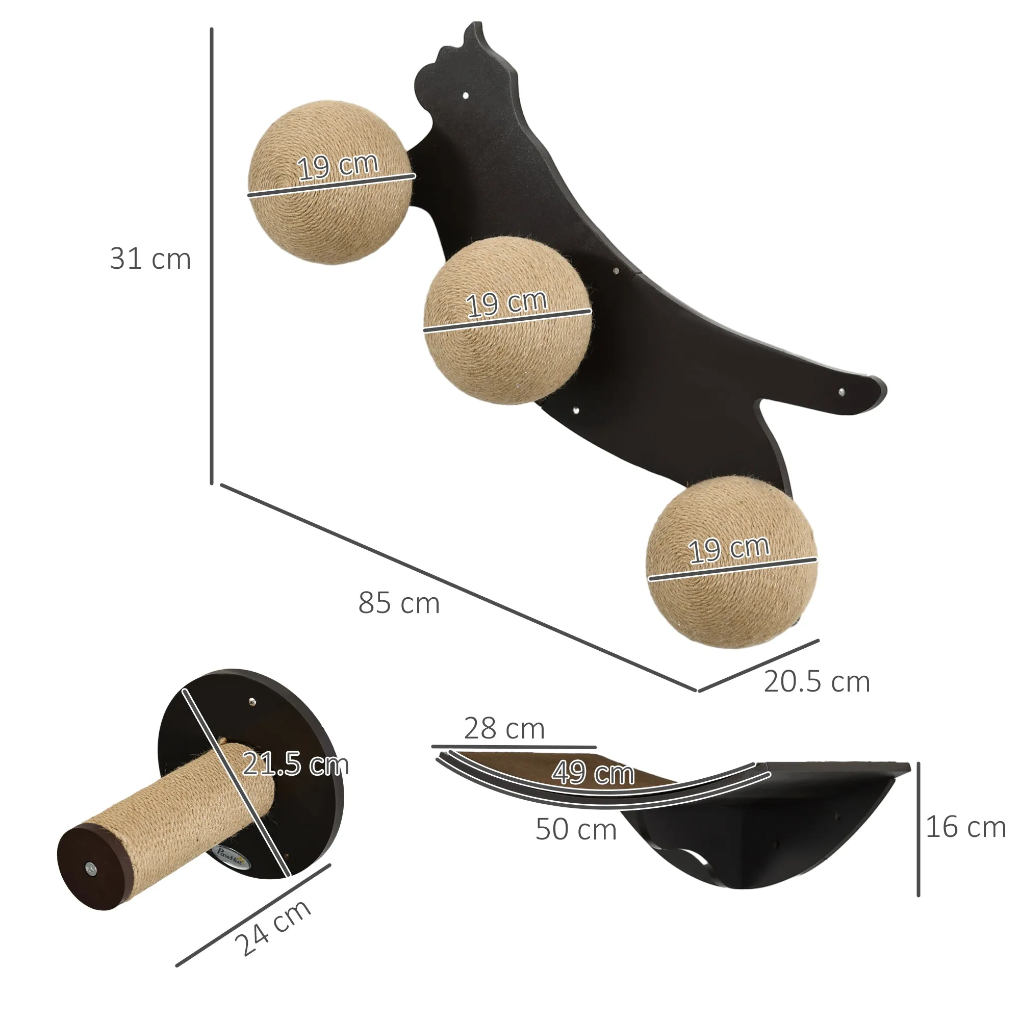 PawHut Cat Wall Furniture w/ Curved Platforms, Scratching Posts - Brown