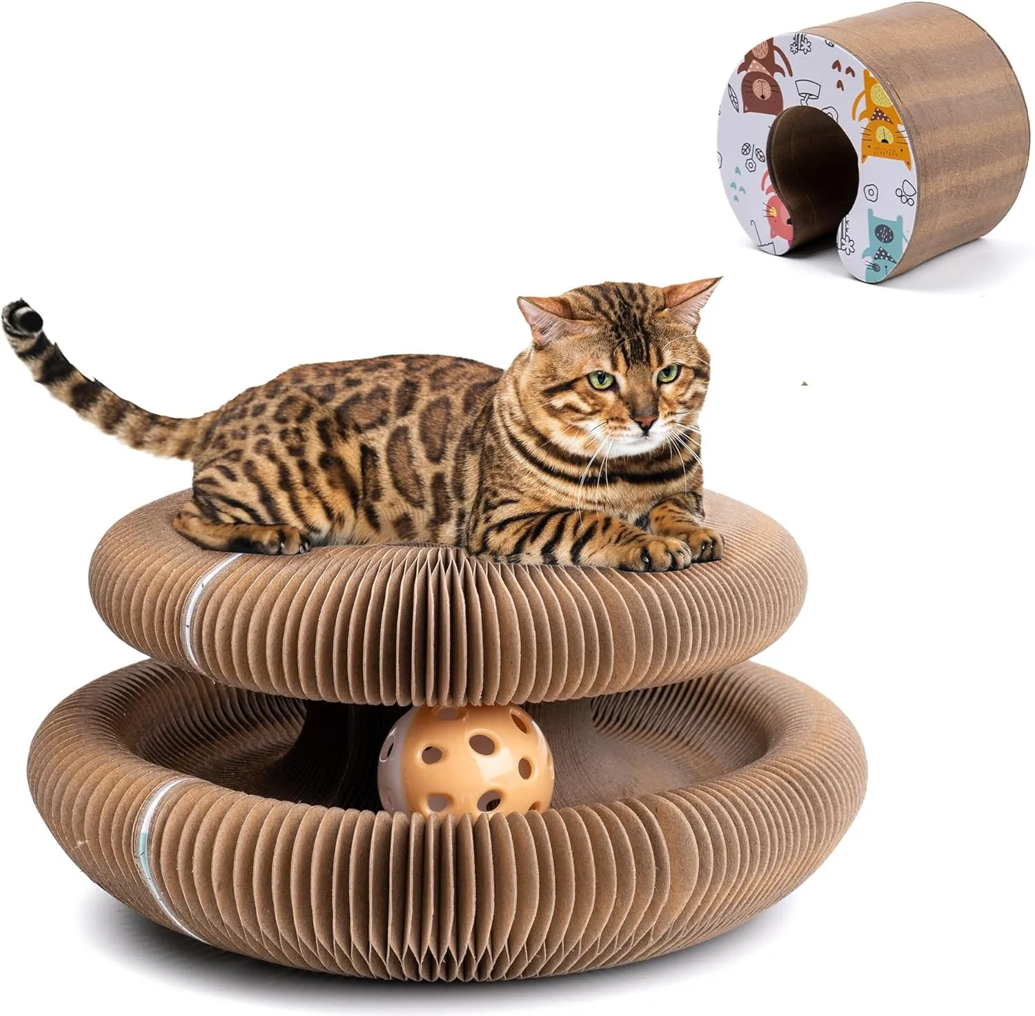 PetnBeyond Magic Organ Cat Scratching Board with Toy Kring Ball - Perfect Cat Scratching Solution for Indoor Cats - Durable and Recyclable Cardboard Cat Scratcher with Zero Odor Interactive Toy