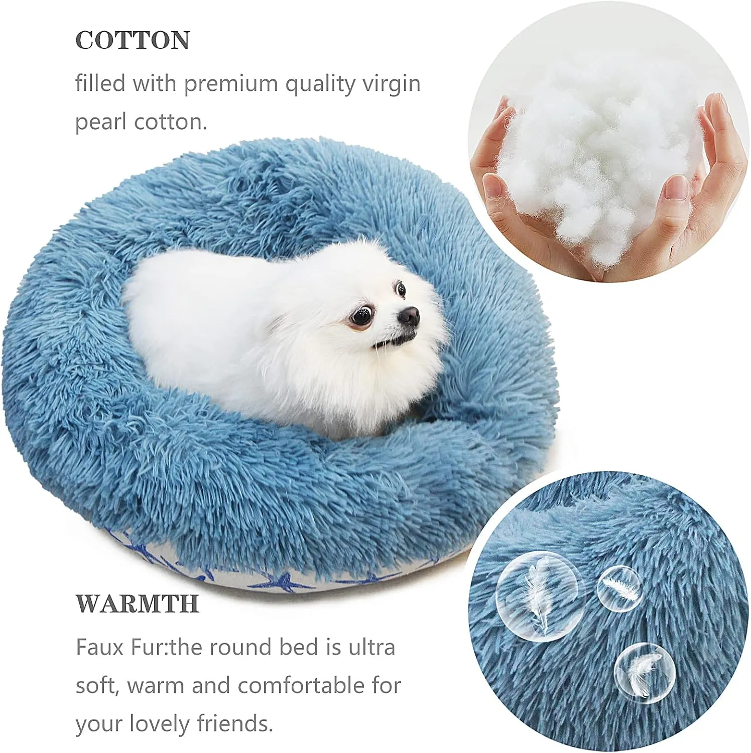 Puppy Beds for Small Dogs Washable 19 Inches Lake Blue Color Matching Starfish Calming and Anxiety Pet Beds Fluffy and Plush Durable Ocean Style Small Dog Bed