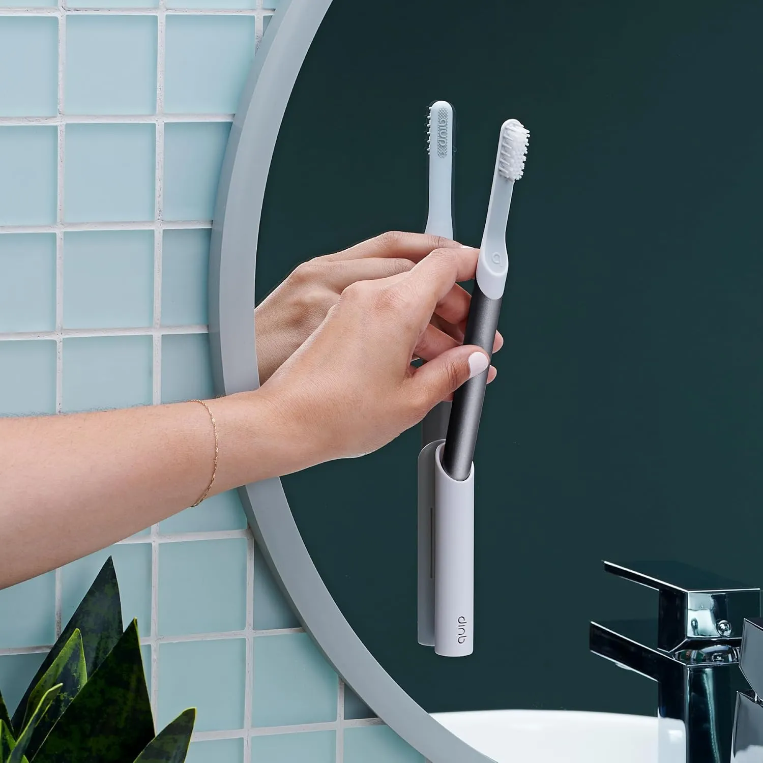 Quip Sonic Toothbrush for Adults with Timer - Includes Extra Brush Head and Travel Cover Mount - Electric, Soft Bristle Refill Head, Metal Handle, 3 Month Battery Life - Travel Toothbrush - Slate
