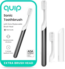 Quip Sonic Toothbrush for Adults with Timer - Includes Extra Brush Head and Travel Cover Mount - Electric, Soft Bristle Refill Head, Metal Handle, 3 Month Battery Life - Travel Toothbrush - Slate
