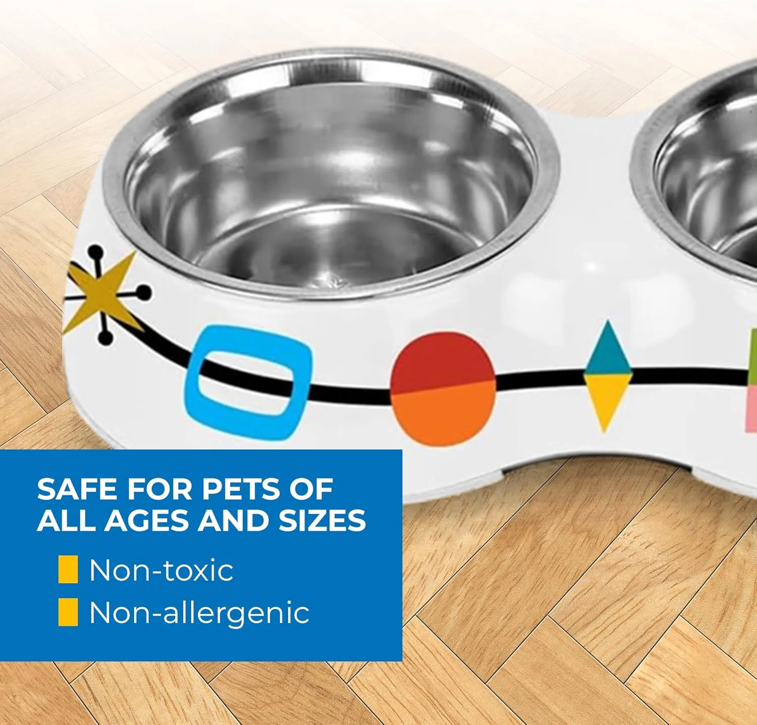 R. Nichols Mid-Century Double Pet Bowl - Heavy-Duty Decorative Food and Water Dishes with Removable Stainless Steel Inserts for Dogs and Cats, 5.5 Inches Wide x 10 Inches Long x 1.5 Inches Tall