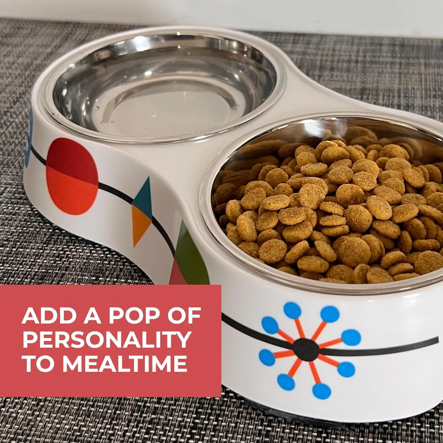 R. Nichols Mid-Century Double Pet Bowl - Heavy-Duty Decorative Food and Water Dishes with Removable Stainless Steel Inserts for Dogs and Cats, 5.5 Inches Wide x 10 Inches Long x 1.5 Inches Tall