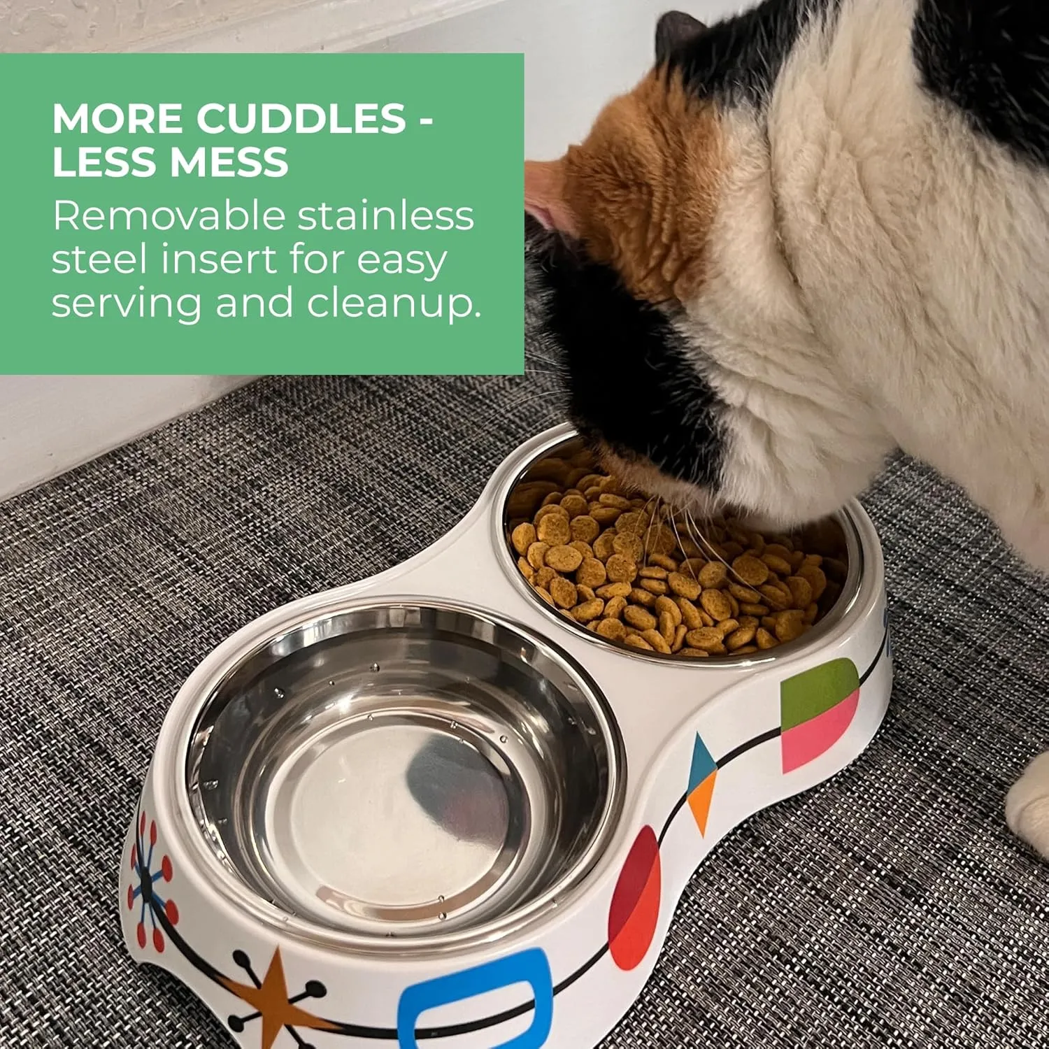 R. Nichols Mid-Century Double Pet Bowl - Heavy-Duty Decorative Food and Water Dishes with Removable Stainless Steel Inserts for Dogs and Cats, 5.5 Inches Wide x 10 Inches Long x 1.5 Inches Tall