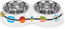 R. Nichols Mid-Century Double Pet Bowl - Heavy-Duty Decorative Food and Water Dishes with Removable Stainless Steel Inserts for Dogs and Cats, 5.5 Inches Wide x 10 Inches Long x 1.5 Inches Tall