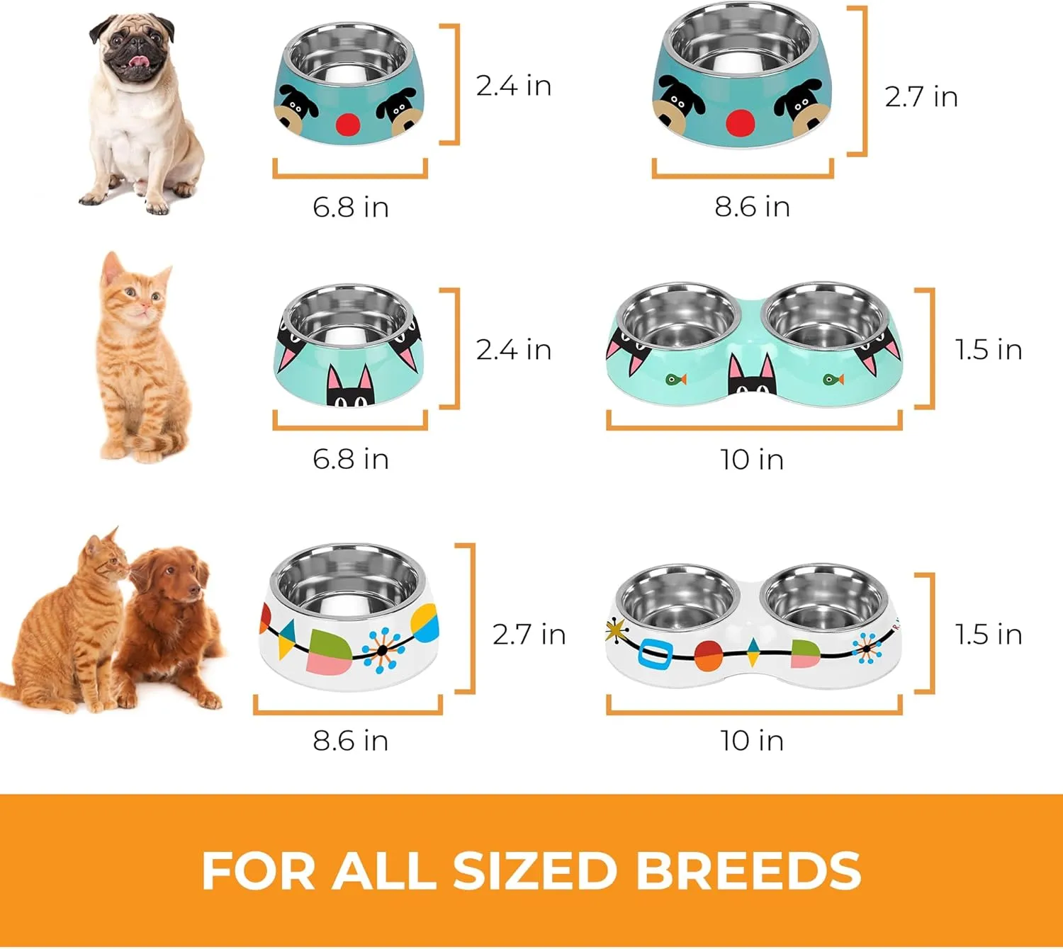 R. Nichols Mid-Century Double Pet Bowl - Heavy-Duty Decorative Food and Water Dishes with Removable Stainless Steel Inserts for Dogs and Cats, 5.5 Inches Wide x 10 Inches Long x 1.5 Inches Tall