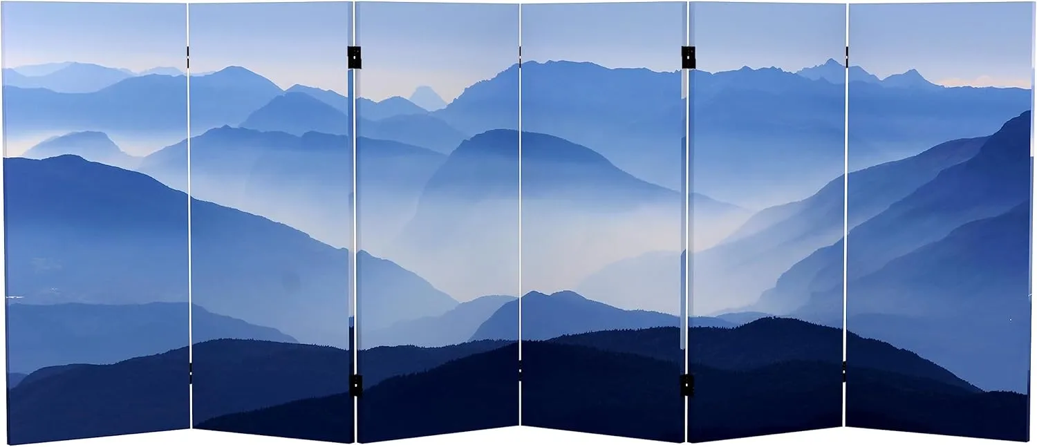 Red Lantern 3 ft. Short Double Sided Misty Mountain Canvas Folding Screen 6 Panel Freestanding Partition and Separator for Modern and Contemporary Bedroom, Home Office, Studio, Dorm, Apartment