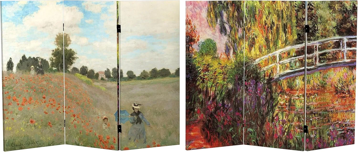Red Lantern 3 ft. Short Double Sided Works of Monet Canvas Folding Screen 3 Panel Freestanding Partition and Separator for Modern and Contemporary Bedroom, Home Office, Studio, Dorm, Apartment