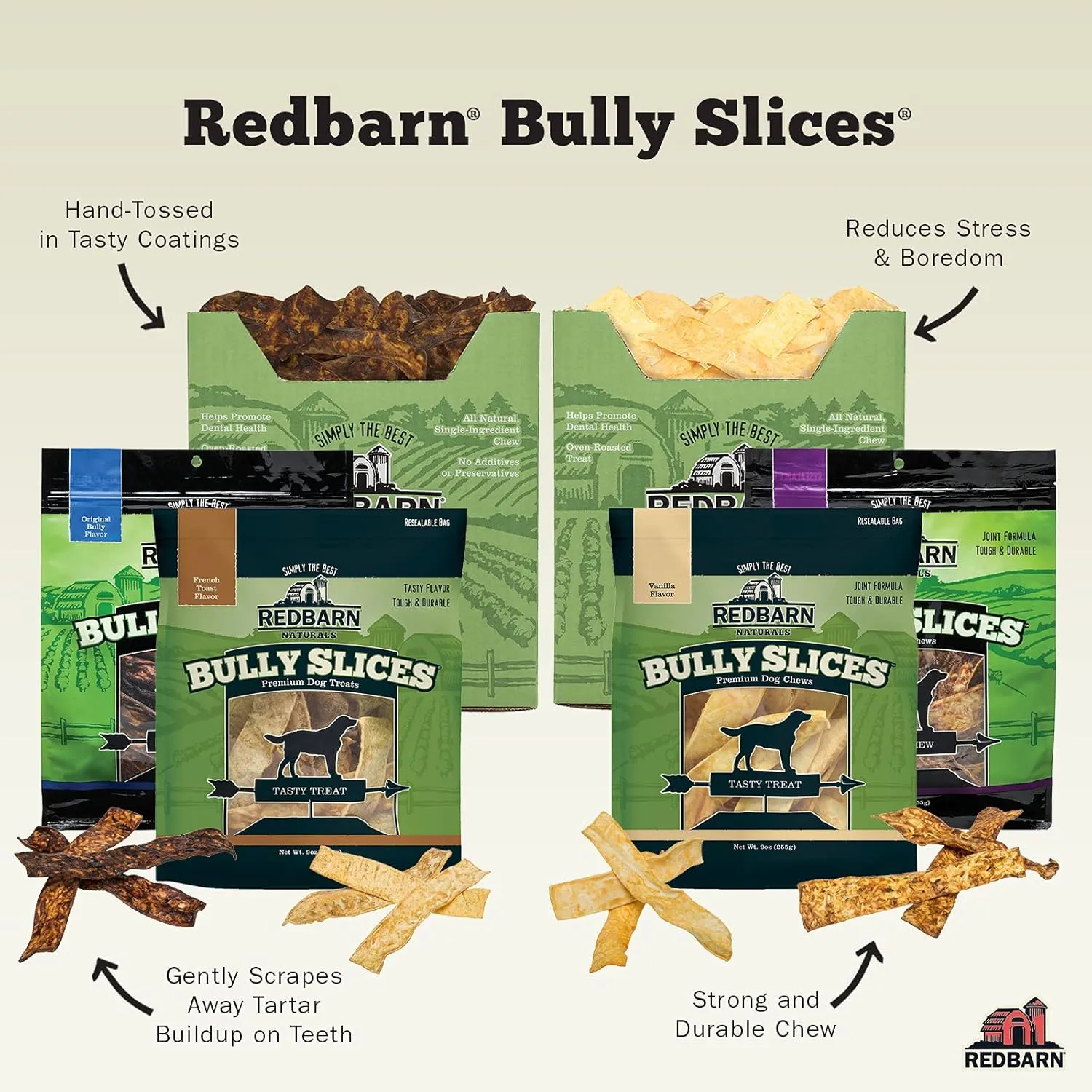 Redbarn Pet Products All-Natural Rawhide Bully Slices - Bully Stick Flavor - Premium Grain-Free Beef Hide Treats High Protein Low Fat for Chewers - 9 oz Bag