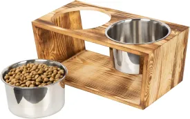 Rustic Wood Dog Cat Raised Bowls Elevated Pets Bowl Stand for Large Dogs and Cats Pet Feeder with Two Stainless Steel Bowls (Brown)