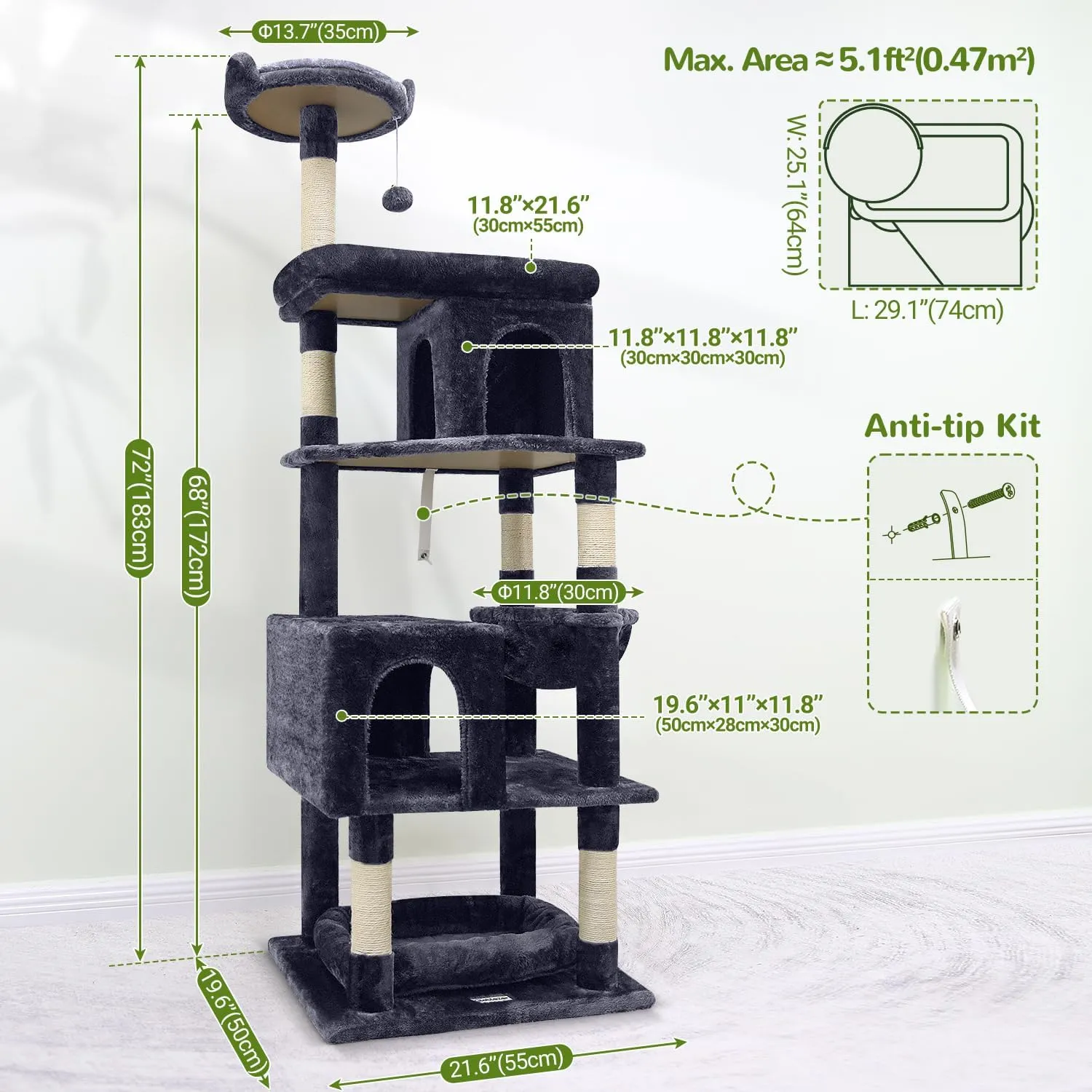 S72 Heavy Duty Cat Trees for Large Cats, Sturdy 72in Maine Coon Cat Tree for Large Cats 20 lbs  Heavy Duty Cat Tower for Adult Biggest Cat with 6 Scratching Posts, Hammock, Dark Gray
