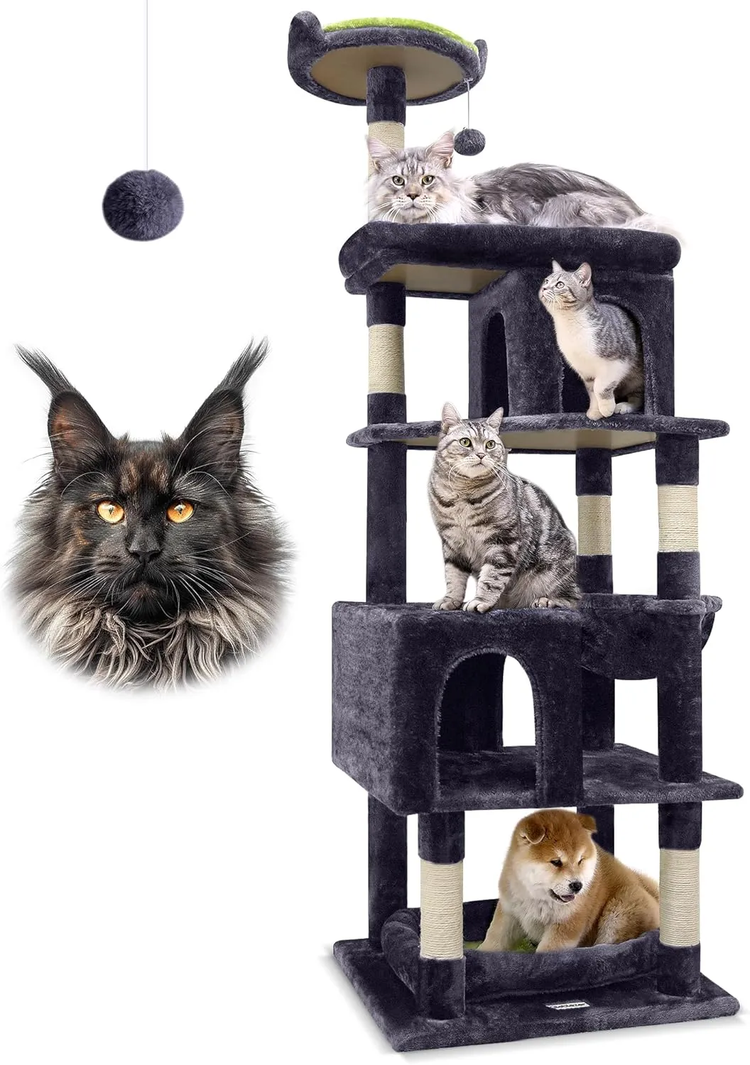 S72 Heavy Duty Cat Trees for Large Cats, Sturdy 72in Maine Coon Cat Tree for Large Cats 20 lbs  Heavy Duty Cat Tower for Adult Biggest Cat with 6 Scratching Posts, Hammock, Dark Gray