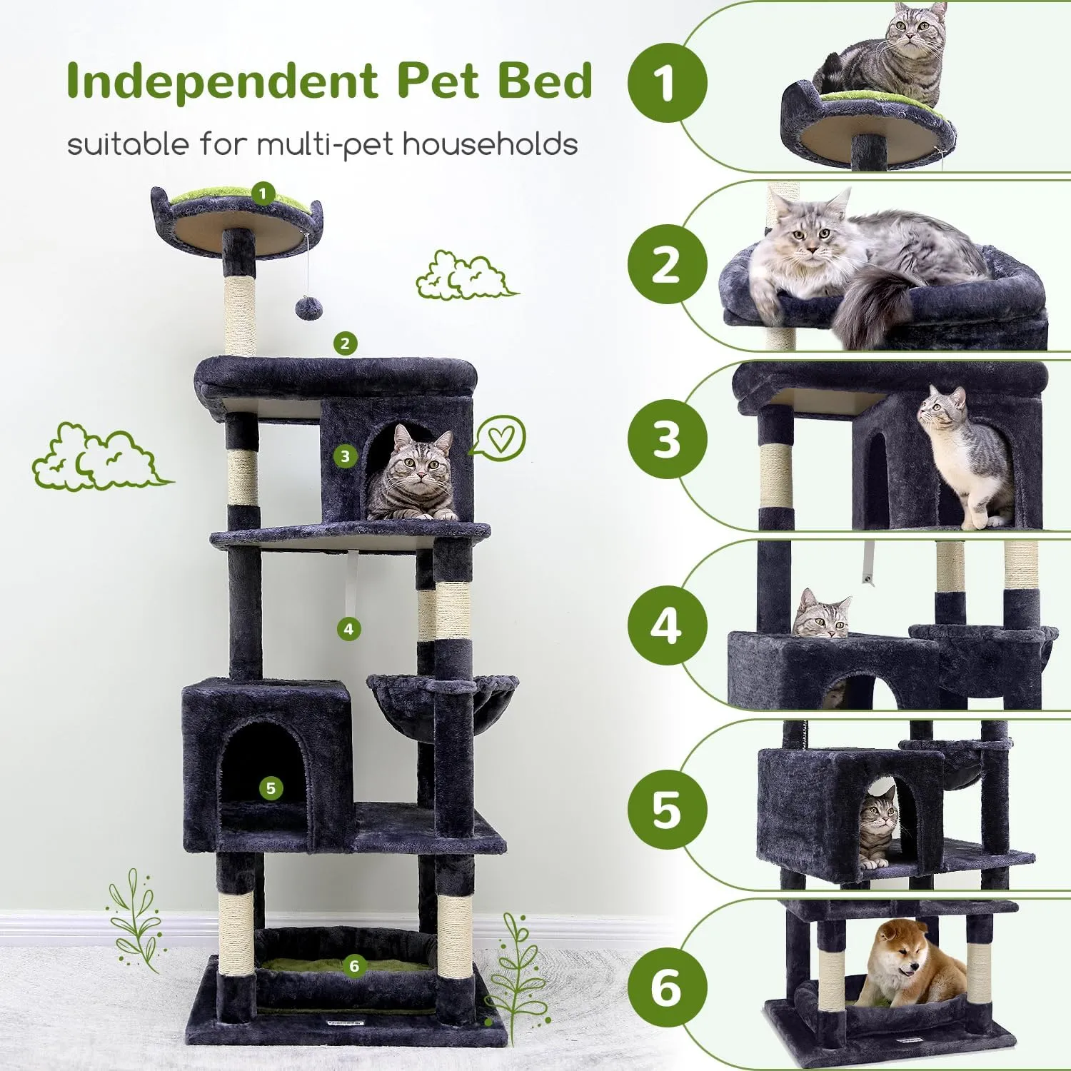 S72 Heavy Duty Cat Trees for Large Cats, Sturdy 72in Maine Coon Cat Tree for Large Cats 20 lbs  Heavy Duty Cat Tower for Adult Biggest Cat with 6 Scratching Posts, Hammock, Dark Gray