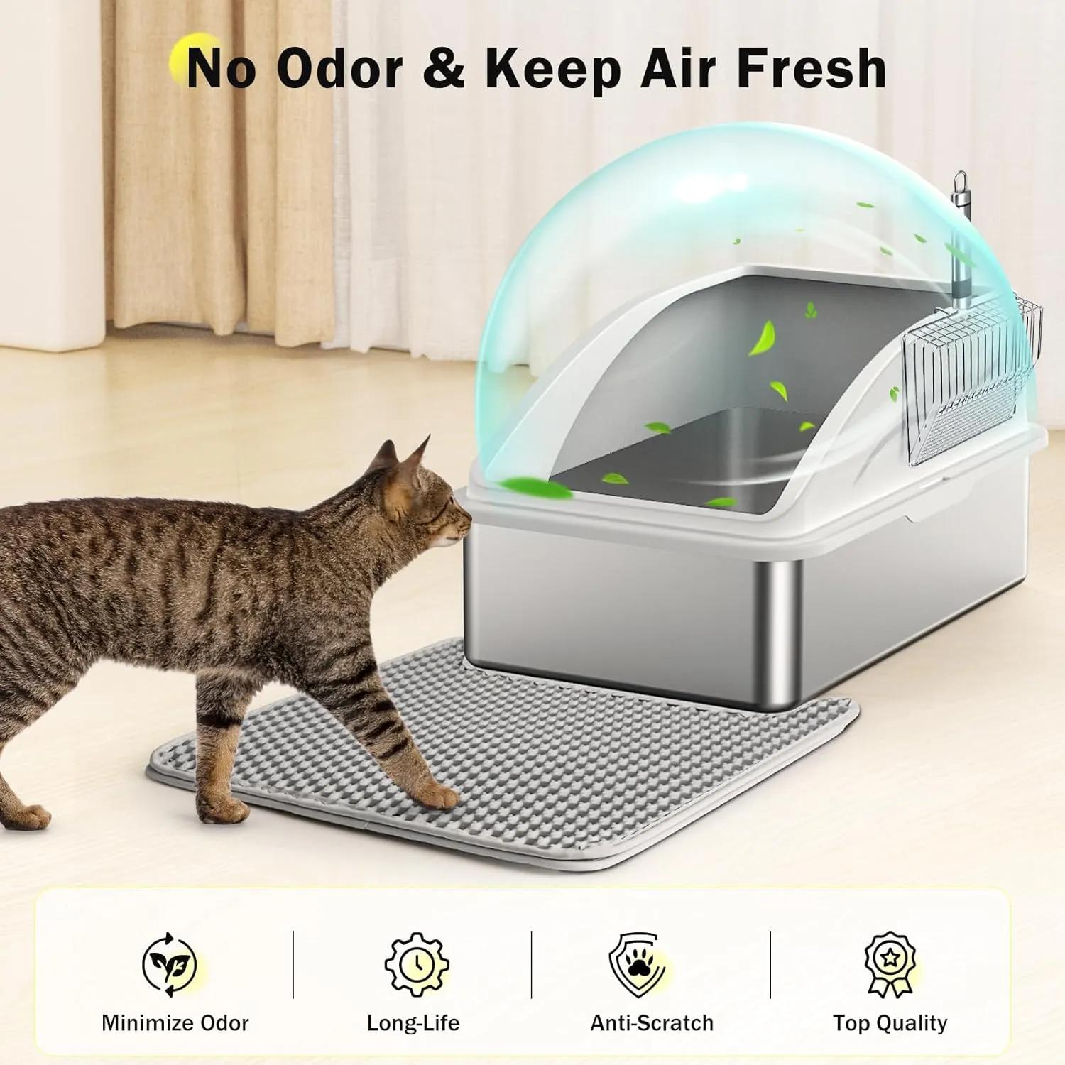 Stainless Steel Cat Litter Box, Extra Large Litter Boxes for Big Cats, Anti-Urine Leakage XL Box with High Sides, XLarge Metal Litter Box with Lid, Easy Clean, Non-Sticky, Cat Mat & Metal Scoop