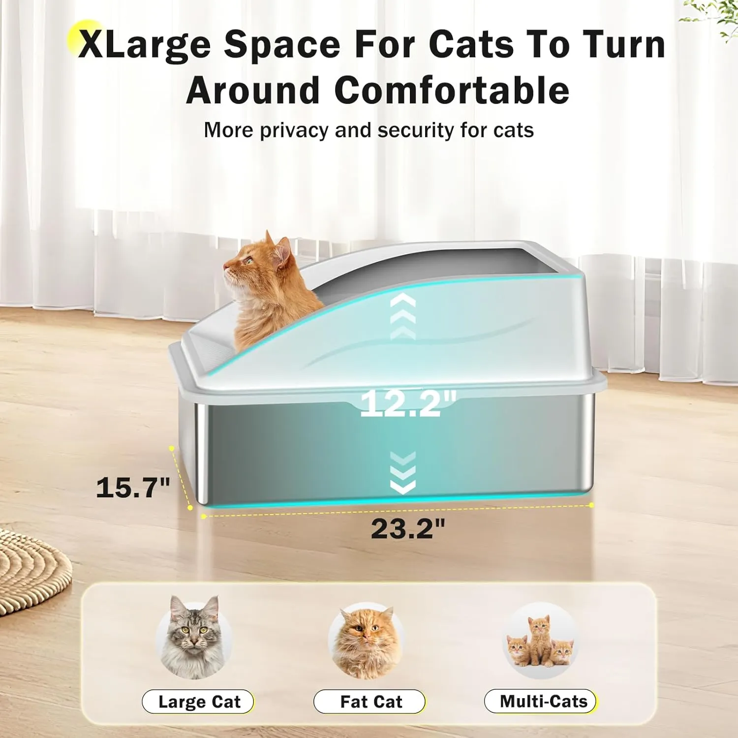 Stainless Steel Cat Litter Box, Extra Large Litter Boxes for Big Cats, Anti-Urine Leakage XL Box with High Sides, XLarge Metal Litter Box with Lid, Easy Clean, Non-Sticky, Cat Mat & Metal Scoop