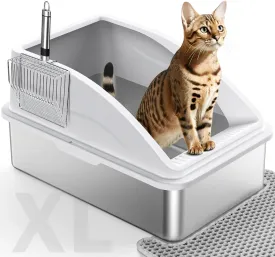Stainless Steel Cat Litter Box, Extra Large Litter Boxes for Big Cats, Anti-Urine Leakage XL Box with High Sides, XLarge Metal Litter Box with Lid, Easy Clean, Non-Sticky, Cat Mat & Metal Scoop