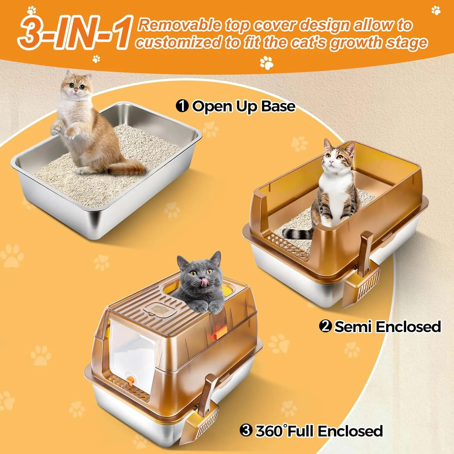 Stainless Steel Cat Litter Box with Lid, Extra Large Enclosed Litter Box for Big Cats High Sided Metal with Removable Lid & Scoop, Front &Top Entry Odor Free, Anti-Leakage, Easy Cleaning