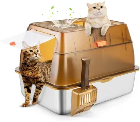 Stainless Steel Cat Litter Box with Lid, Extra Large Enclosed Litter Box for Big Cats High Sided Metal with Removable Lid & Scoop, Front &Top Entry Odor Free, Anti-Leakage, Easy Cleaning
