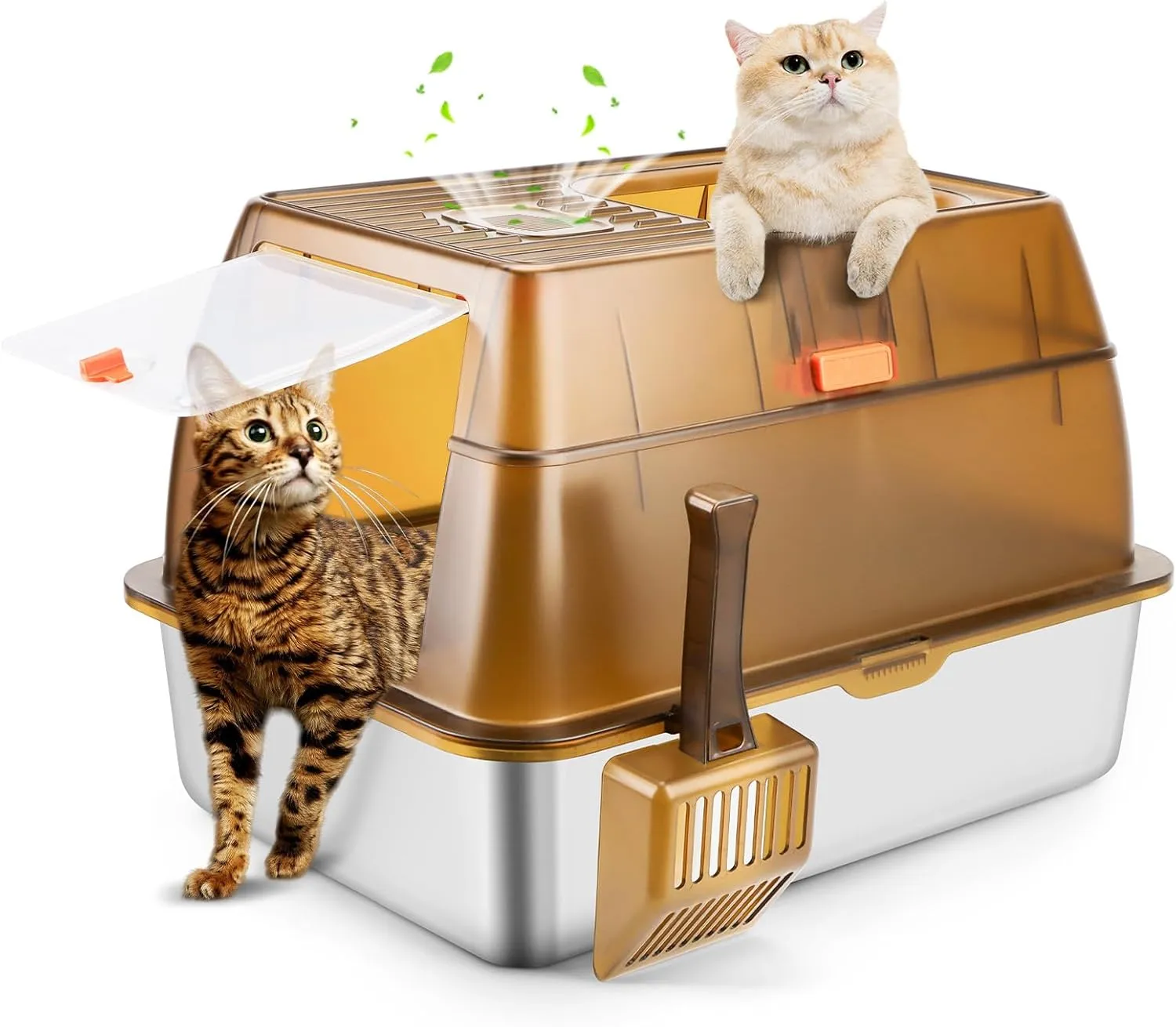 Stainless Steel Cat Litter Box with Lid, Extra Large Enclosed Litter Box for Big Cats High Sided Metal with Removable Lid & Scoop, Front &Top Entry Odor Free, Anti-Leakage, Easy Cleaning