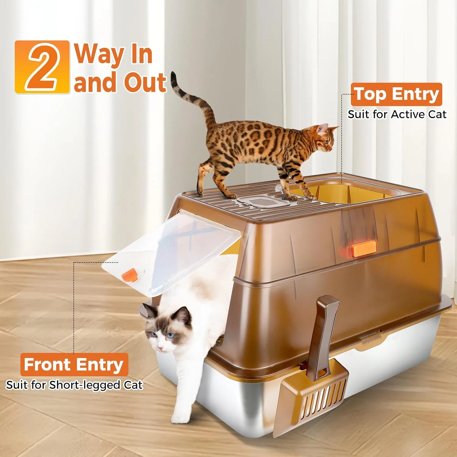 Stainless Steel Cat Litter Box with Lid, Extra Large Enclosed Litter Box for Big Cats High Sided Metal with Removable Lid & Scoop, Front &Top Entry Odor Free, Anti-Leakage, Easy Cleaning