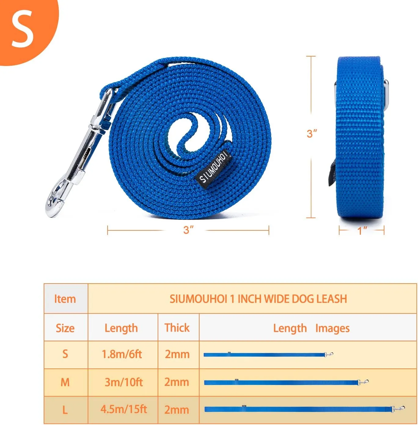 Strong Durable Nylon Dog Training Leash, 1 Inch Wide Traction Rope, 6 ft 10ft 15ft Long, for Small and Medium Dog (Blue, 6 Feet)