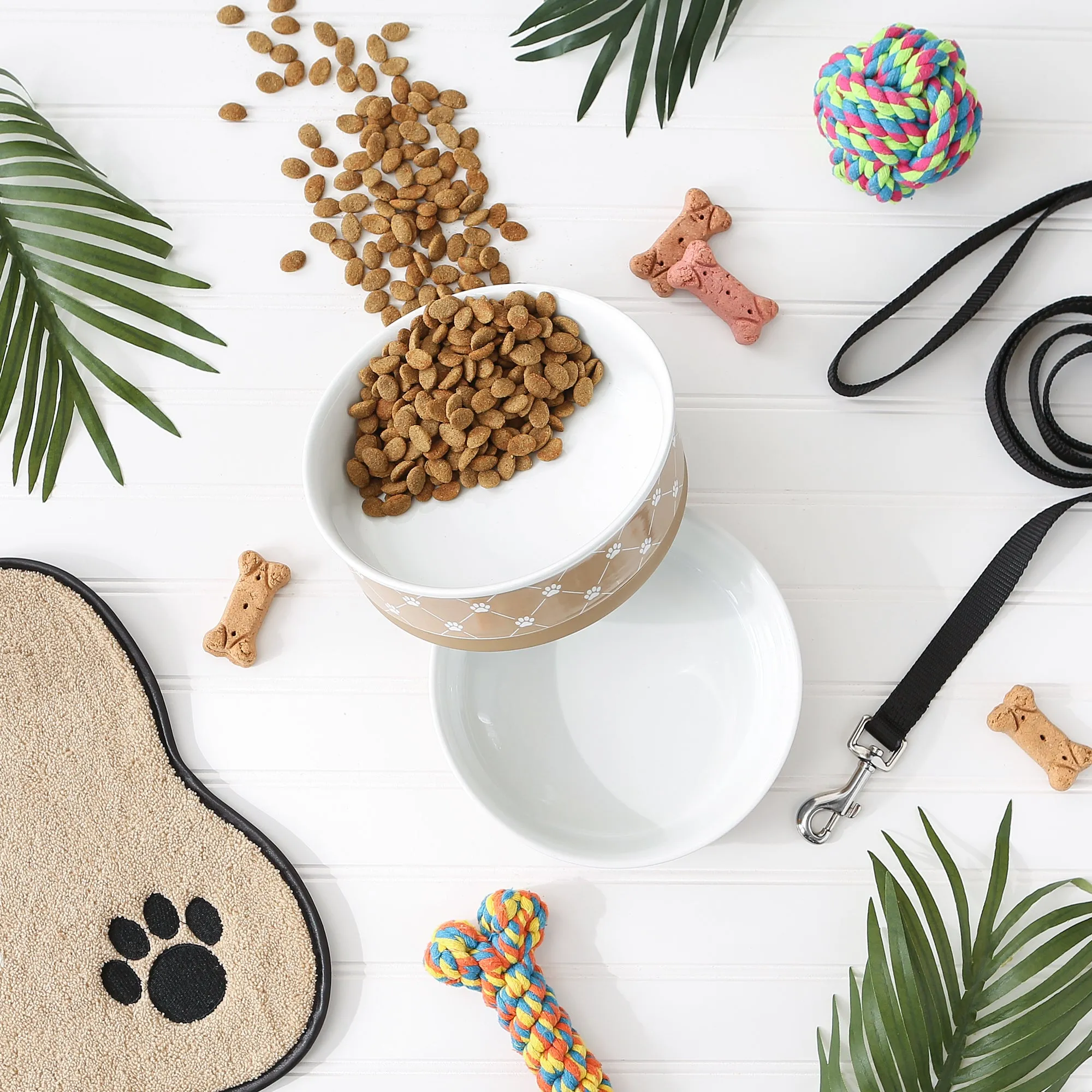 Taupe Trellis Paw Print Pet Bowl Set/2, Large 3.75 C. Capacity