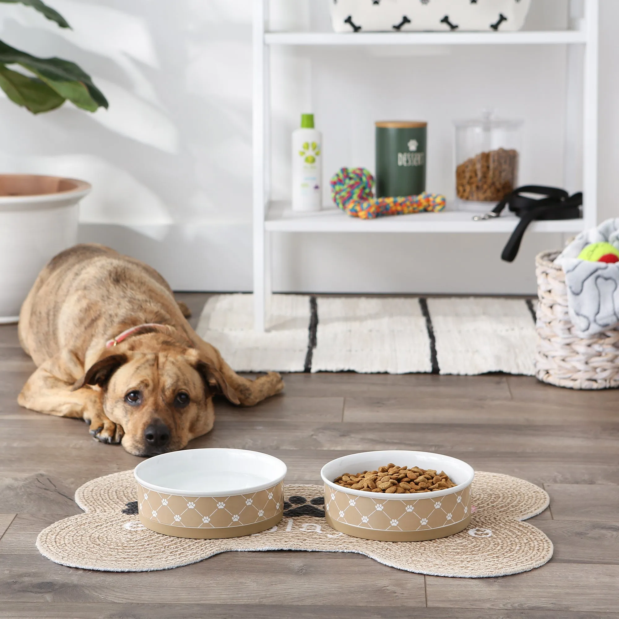 Taupe Trellis Paw Print Pet Bowl Set/2, Large 3.75 C. Capacity