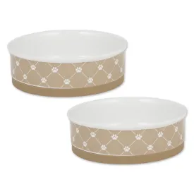 Taupe Trellis Paw Print Pet Bowl Set/2, Large 3.75 C. Capacity