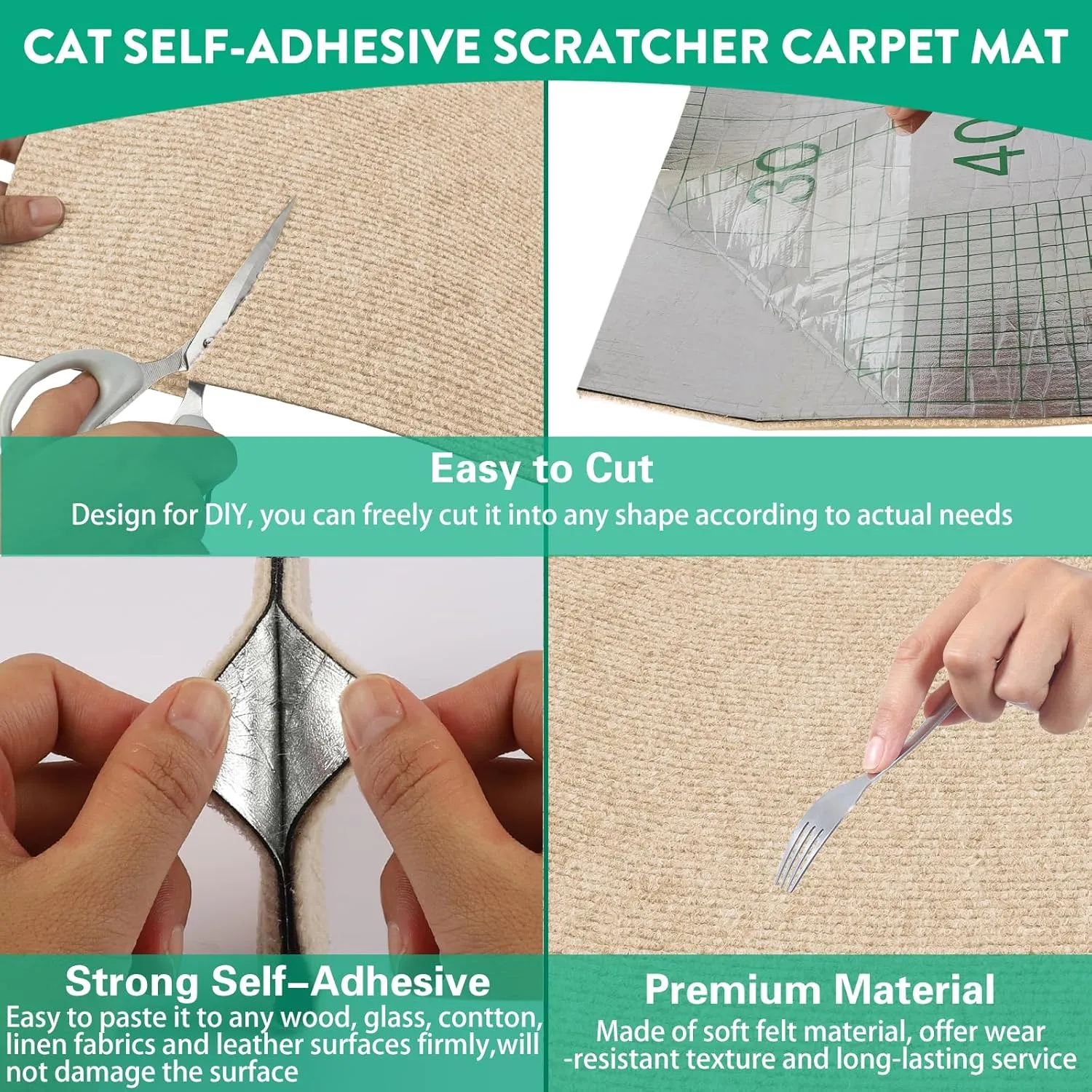 Trimmable Cat Scratcher Mat, 39.4"x15.8" Self-Adhesive Cat Scratching Carpet Pad Replacement for Cat Tree Shelves, Cat Steps and Posts, DIY Cat Scratch Couch Furniture Protector