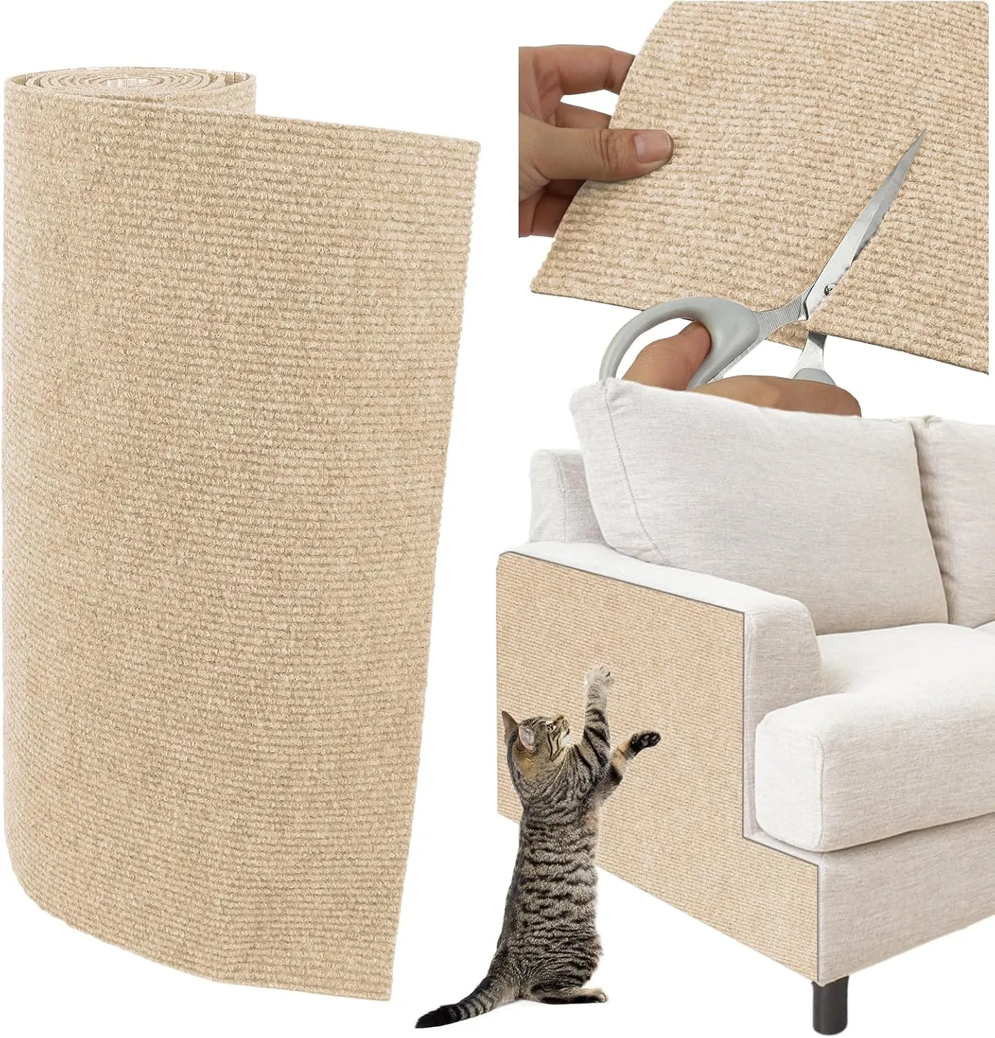 Trimmable Cat Scratcher Mat, 39.4"x15.8" Self-Adhesive Cat Scratching Carpet Pad Replacement for Cat Tree Shelves, Cat Steps and Posts, DIY Cat Scratch Couch Furniture Protector