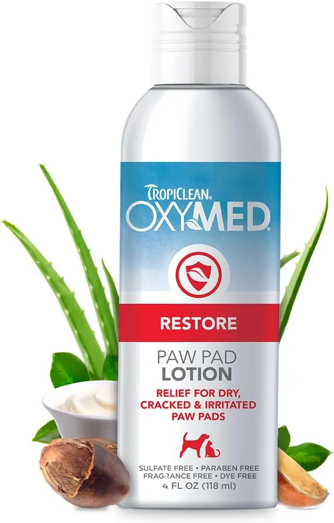 TropiClean OxyMed Dog Paw Balm, Moisturizing & Healing Dog Lotion for Dry Paws & Noses, Soothes Itchy Skin with Shea Butter and Vitamins A & E, Barrier Protection Against the Elements, Cat Safe, 4oz
