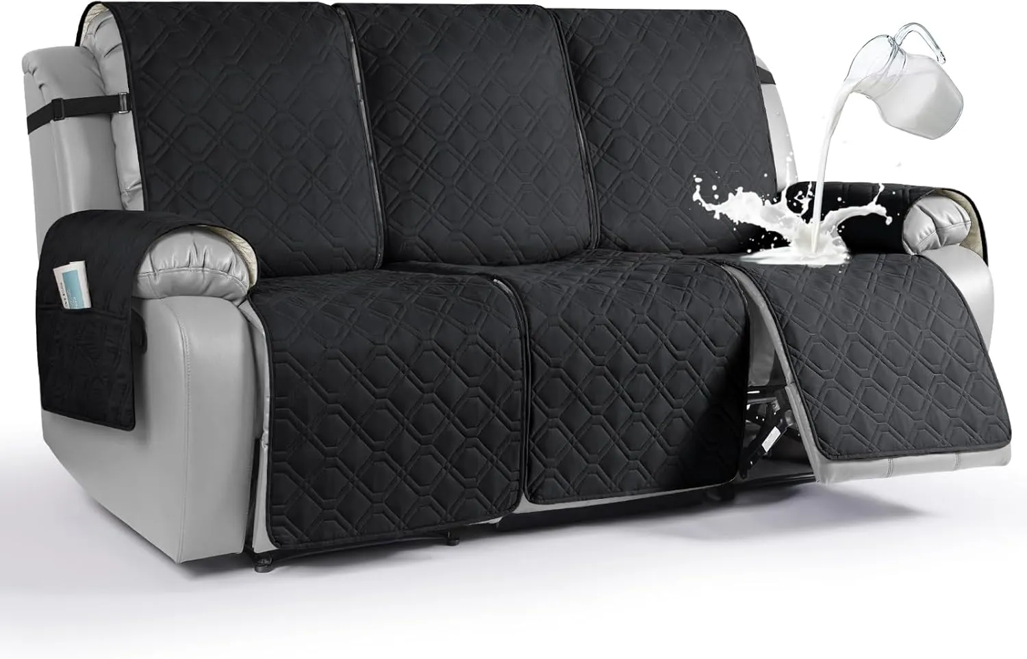 VANSOFY Waterproof Recliner Couch Covers, Sofa Covers 1-Piece Washable Reclining Sofa Cover Non-Slip Furniture Protector with Elastic Straps Pocket for Dogs, Pets(Black,3 Seater)
