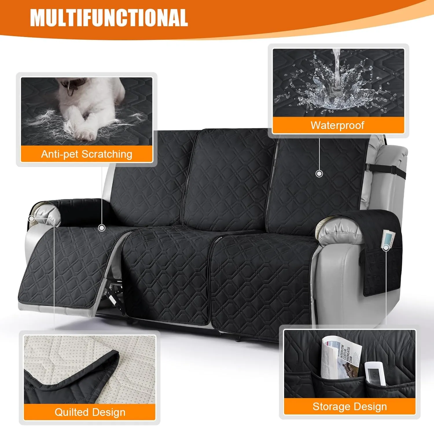 VANSOFY Waterproof Recliner Couch Covers, Sofa Covers 1-Piece Washable Reclining Sofa Cover Non-Slip Furniture Protector with Elastic Straps Pocket for Dogs, Pets(Black,3 Seater)