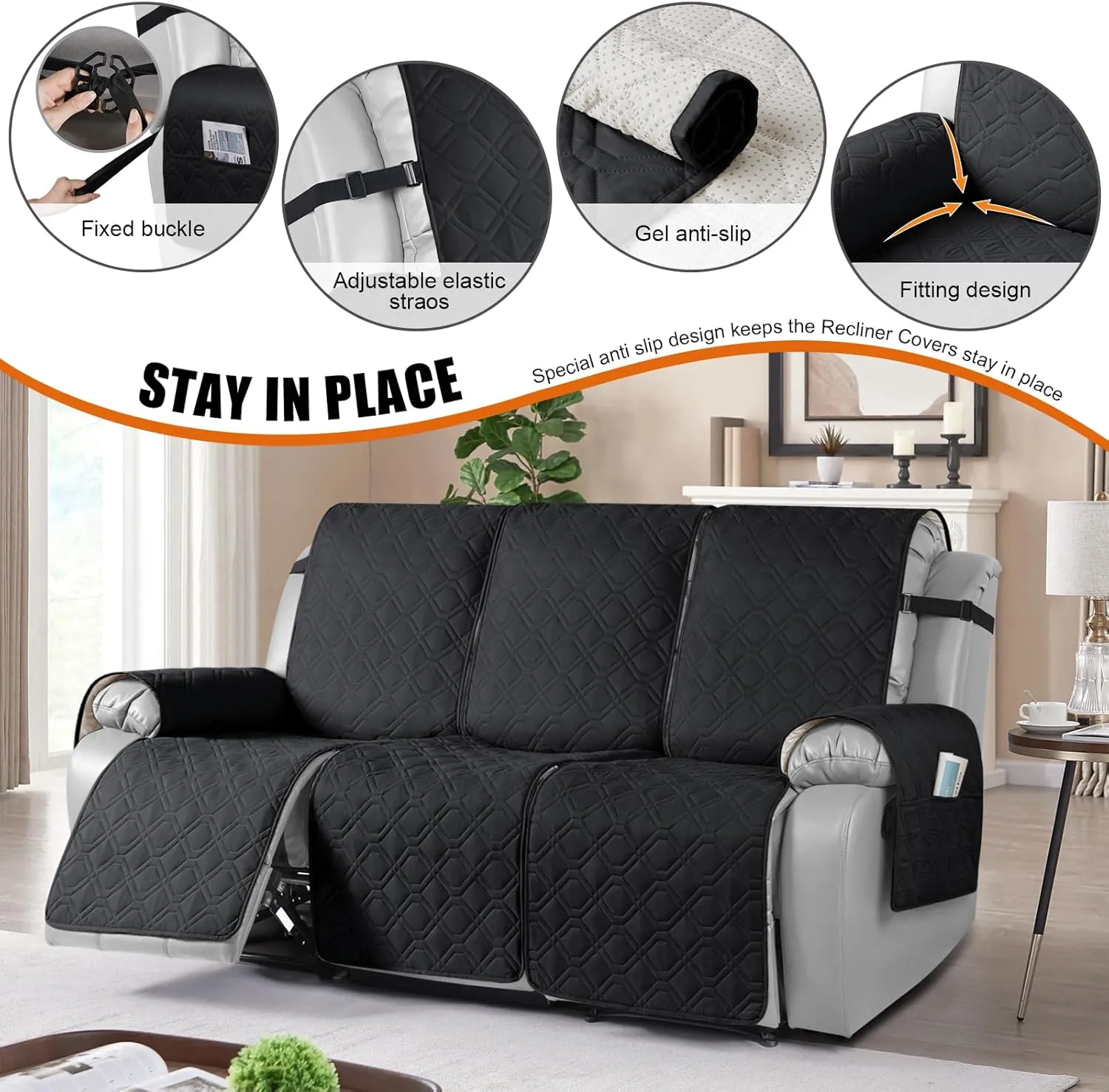 VANSOFY Waterproof Recliner Couch Covers, Sofa Covers 1-Piece Washable Reclining Sofa Cover Non-Slip Furniture Protector with Elastic Straps Pocket for Dogs, Pets(Black,3 Seater)