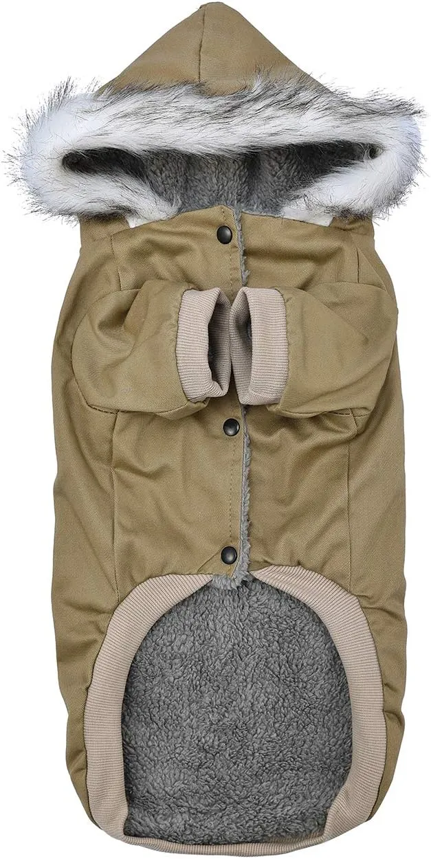 Warm Dog Hooded Trench Coat Windproof Parka Jacket for Cold Weather (L, Khaki)