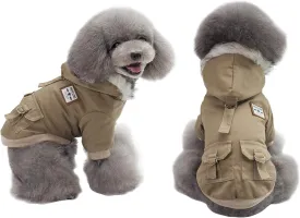 Warm Dog Hooded Trench Coat Windproof Parka Jacket for Cold Weather (L, Khaki)