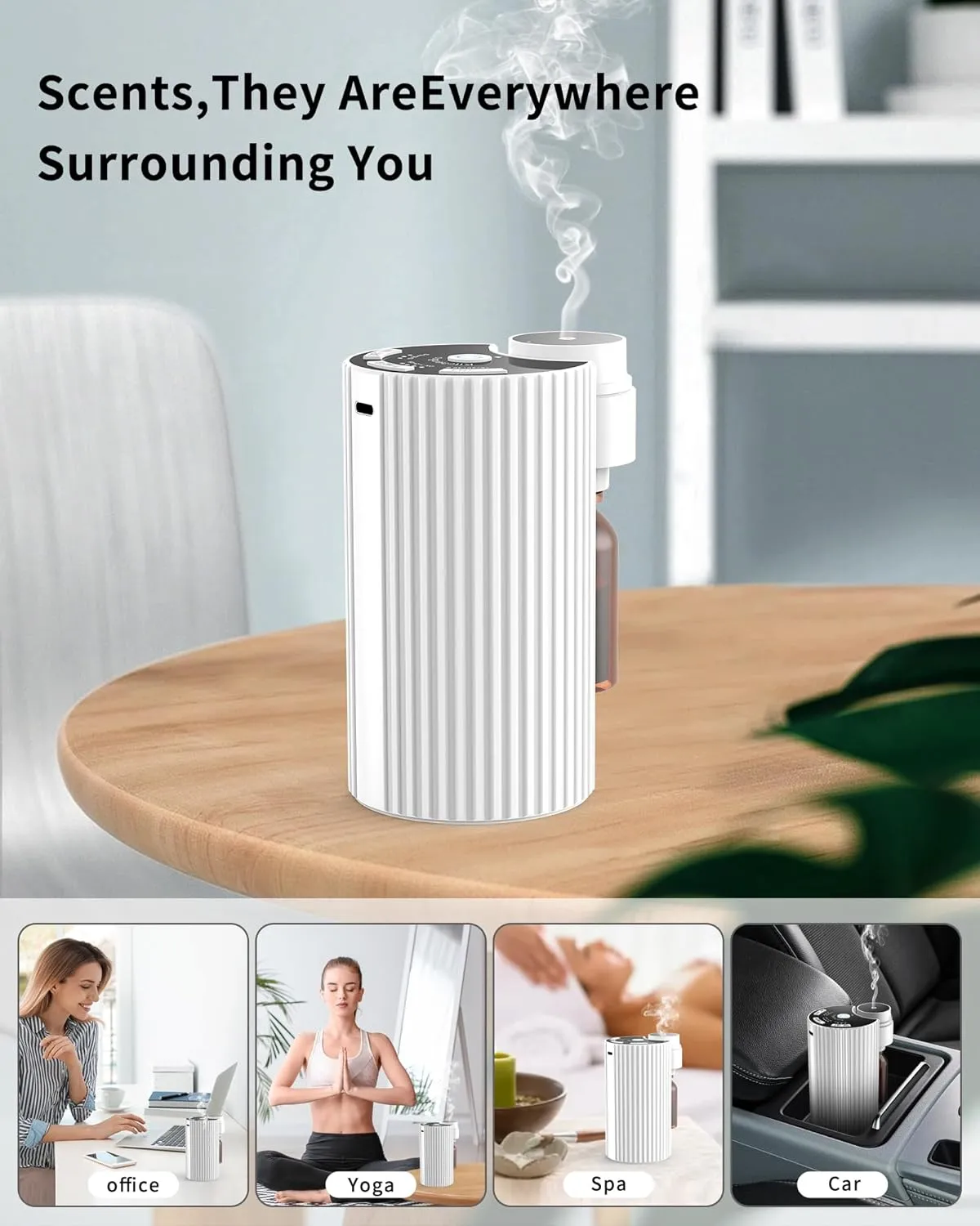 Waterless Essential Oil Diffuser for Home 8 Working Times and 7 Spraying Times to Choose from Mini Cordless Battery Operated Aromatherapy Diffuser for Room Cars Office(White)