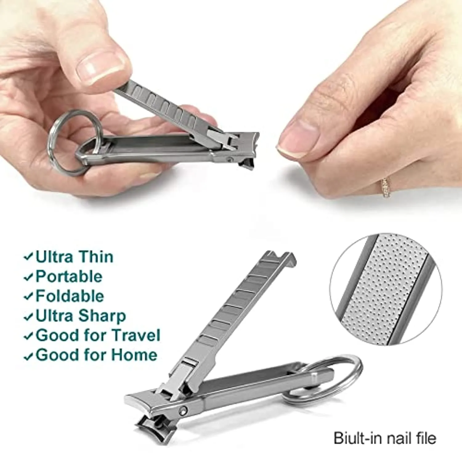XGIZMOO Nail Clippers for Natural Finger Nails Ultra Thin Mini Travel Portable Folding Wide Jaw Cutter with Glass Nail File Curved Trimmer for Fingernail Toenail (X021DB-S)