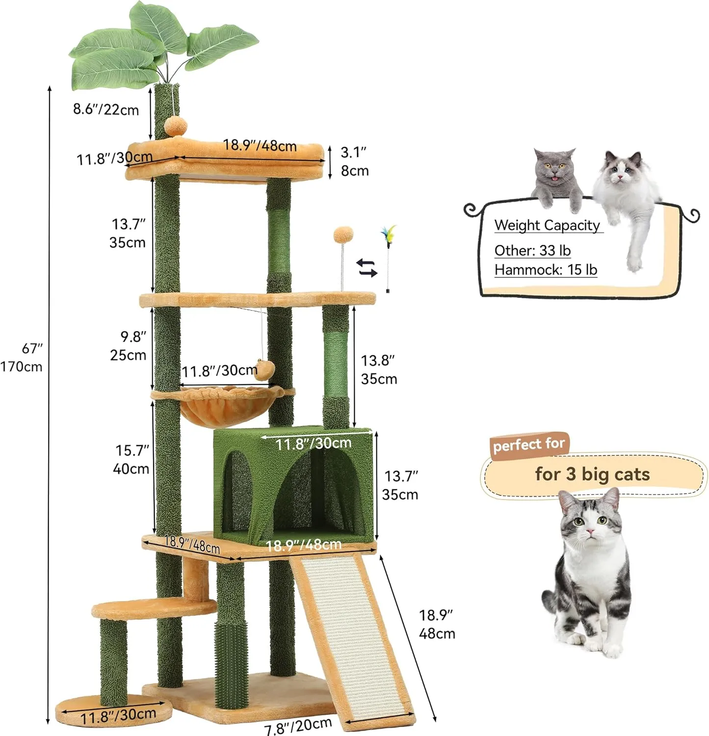 YITAHOME Tall Cat Tree Tower with Leaves for Indoor Cats, 72.8in Cute Cat Climbing Tower with Self-Grooming Brush, Cat Condo, Top Perch, Basktet, Sisal Scratching Posts and Board, Dangling Ball