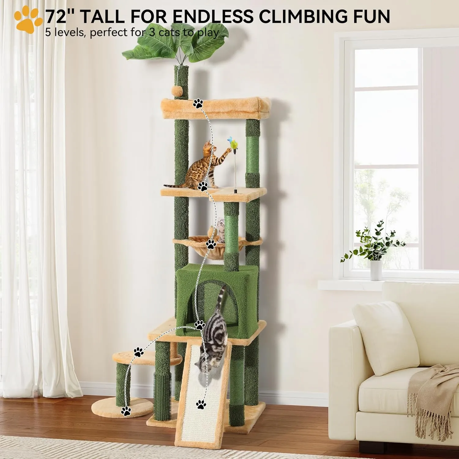 YITAHOME Tall Cat Tree Tower with Leaves for Indoor Cats, 72.8in Cute Cat Climbing Tower with Self-Grooming Brush, Cat Condo, Top Perch, Basktet, Sisal Scratching Posts and Board, Dangling Ball